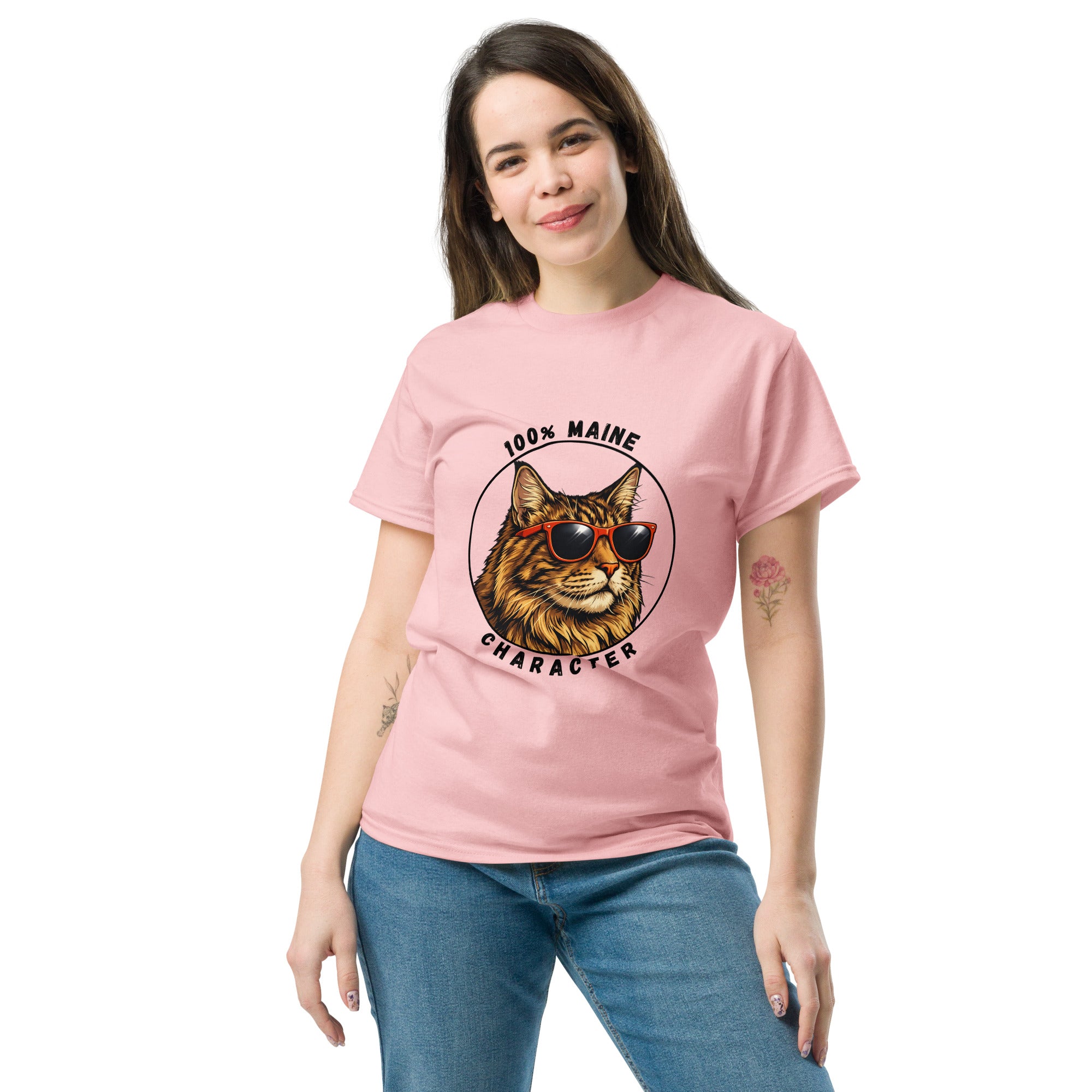 Tee-shirt unisex rose clair Maine Coon design imprimé devant