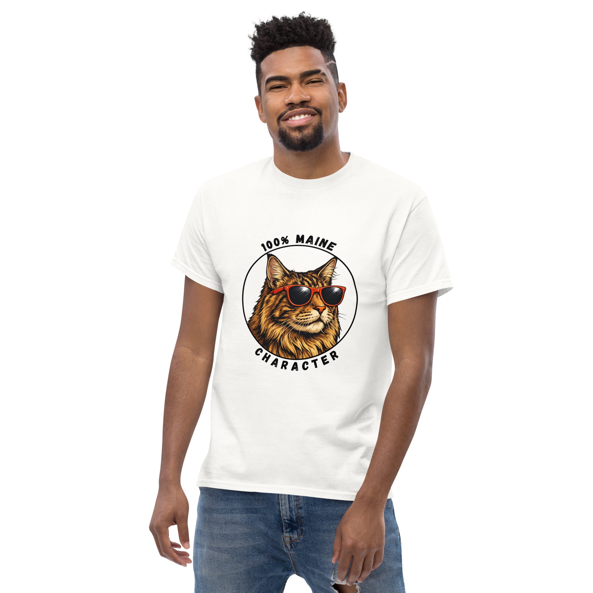 Tee-shirt unisex blanc Maine Coon design imprimé devant
