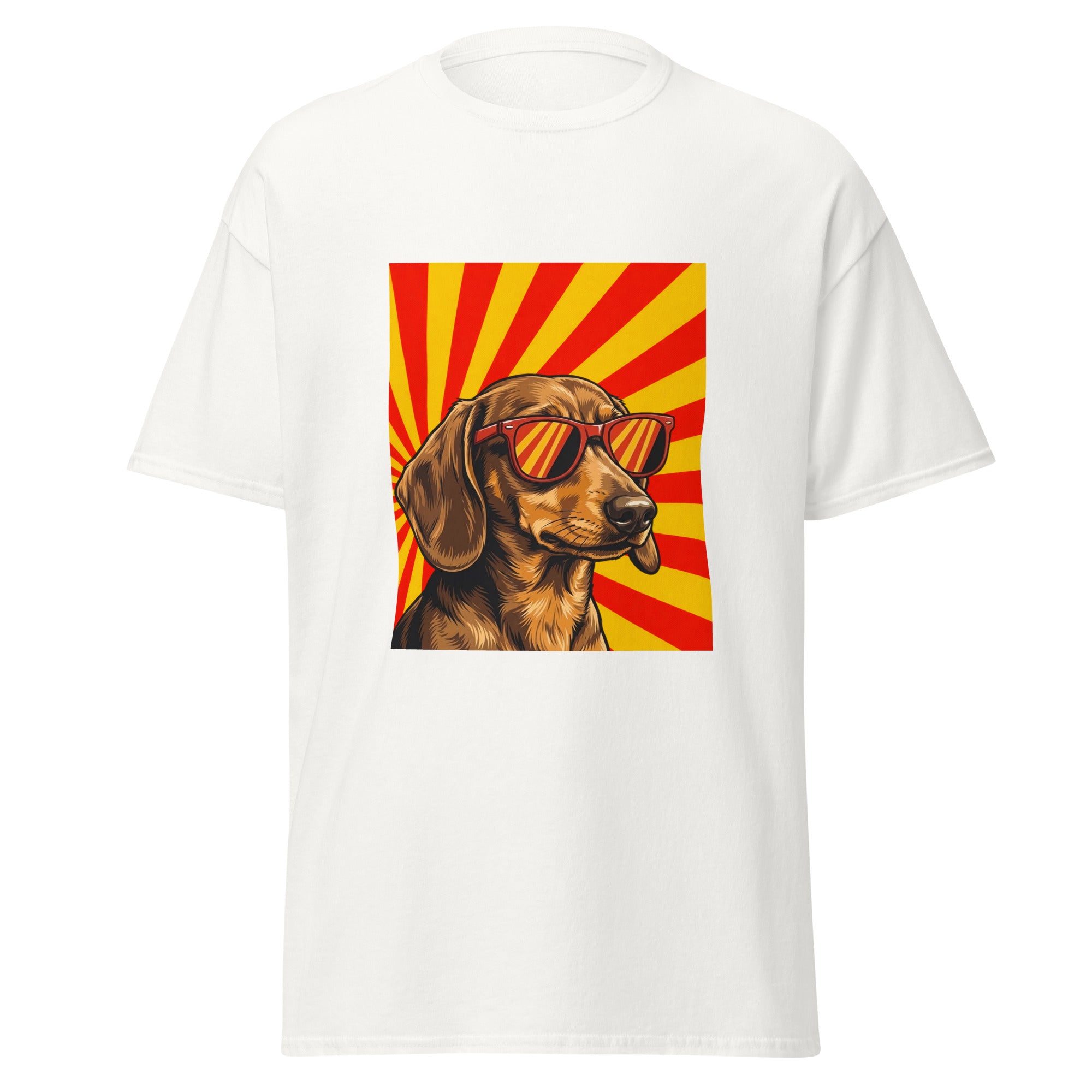 Tee shirt blanc teckel lunettes soleil fond rayons retro imprime devant