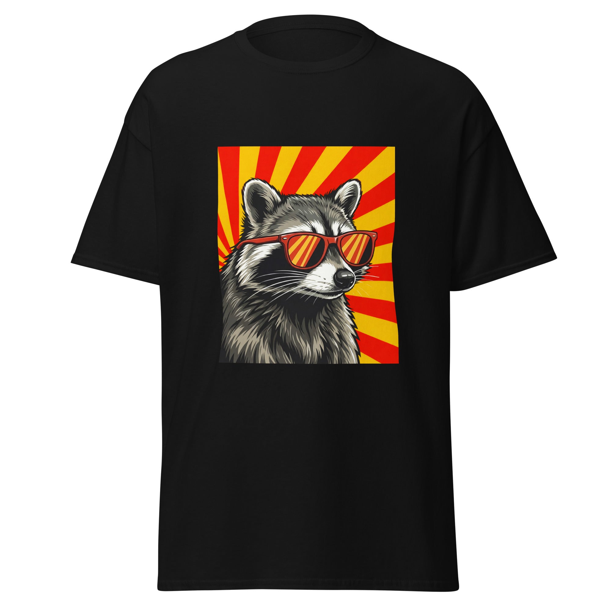Tee shirt noir raccoon lunettes soleil fond rayons retro imprime devant