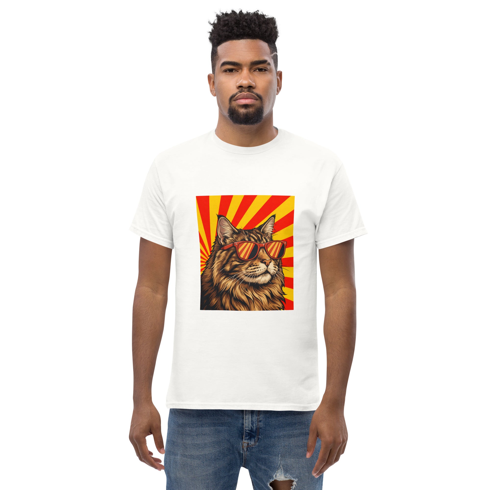 Tee shirt blanc homme chat Maine Coon lunettes soleil fond rayons retro imprime devant