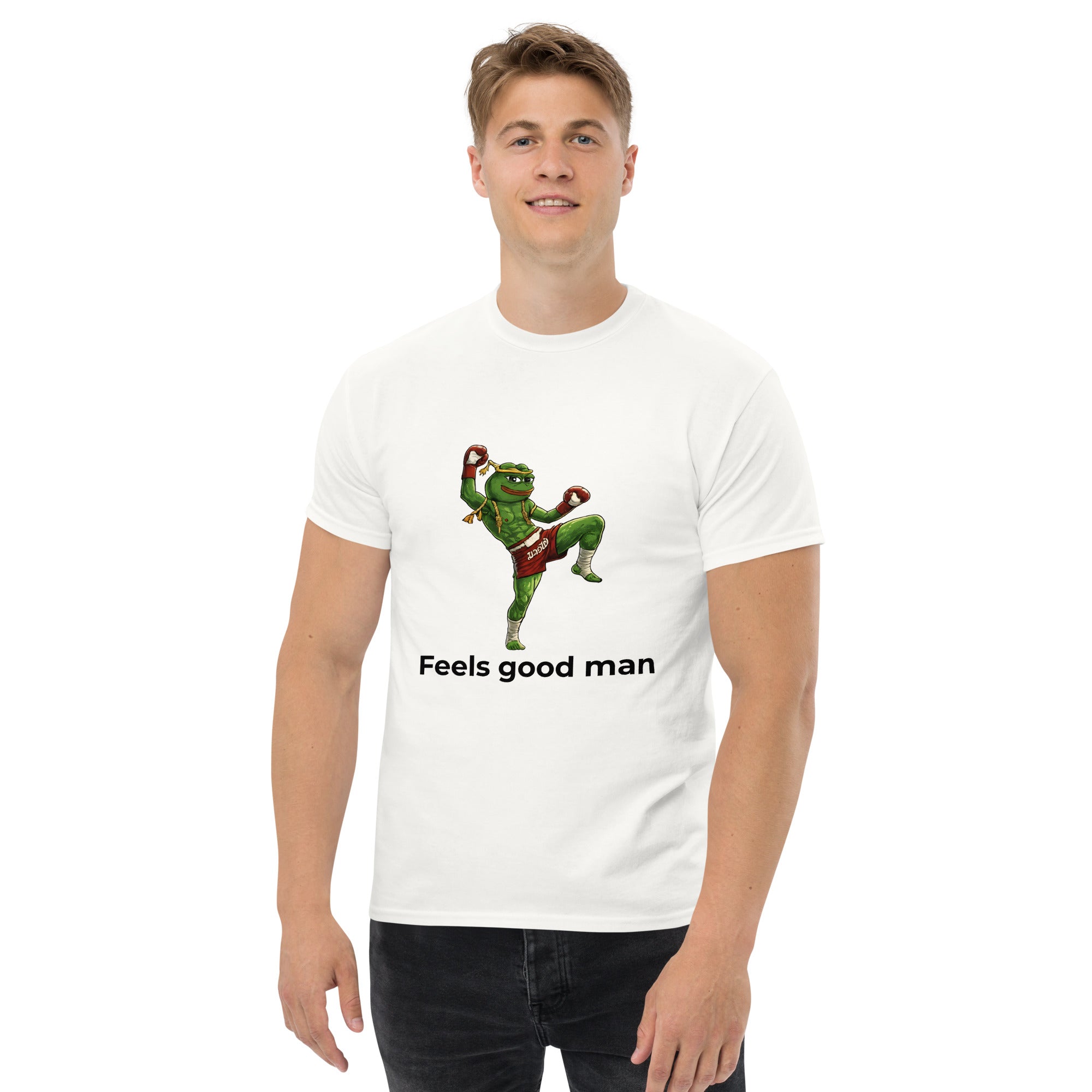 Tee shirt blanc homme grenouille boxe Feels good man imprime devant