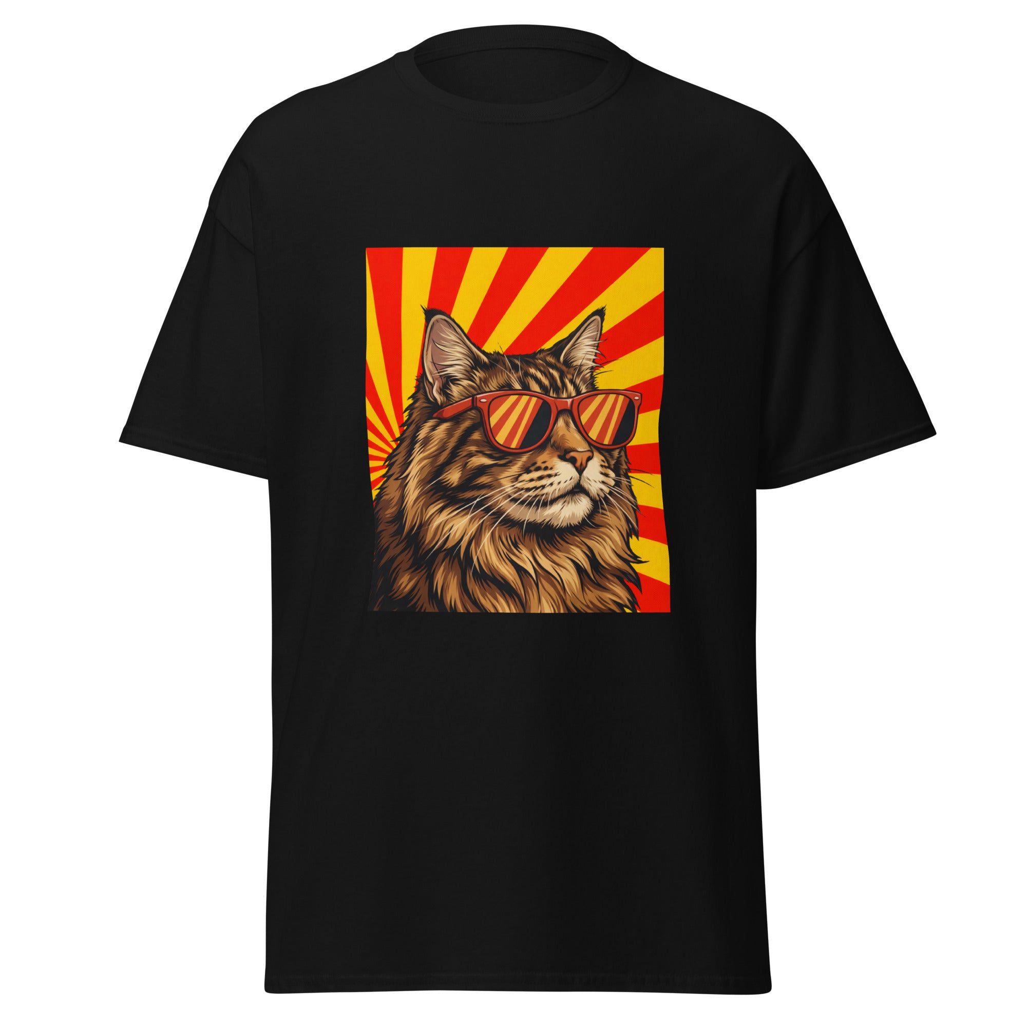 Tee shirt noir unisex chat maine coon lunettes soleil fond rayons retro imprime devant